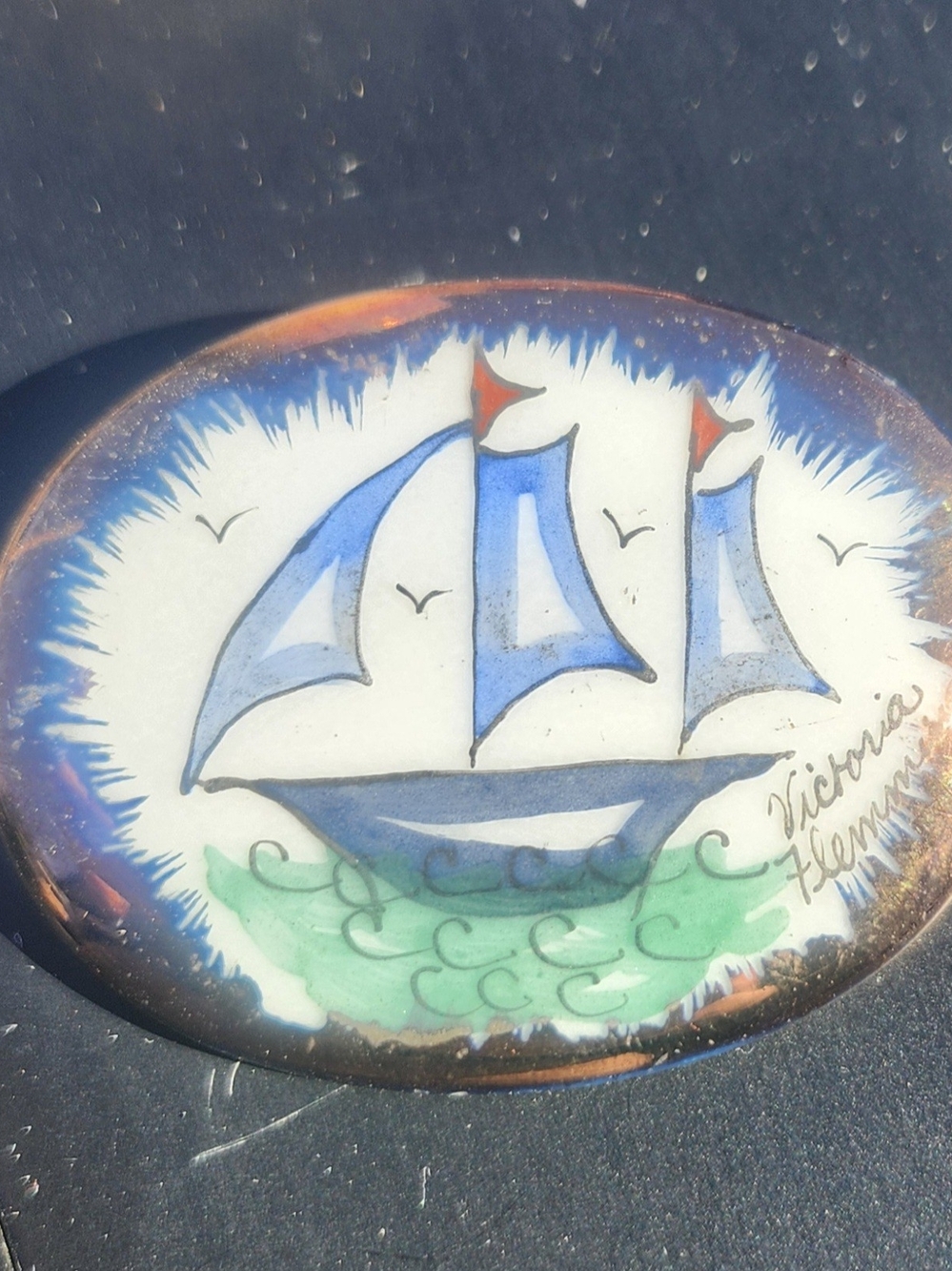 60s Hand Painted Porcelain Brooch Ship Virginia Hemming